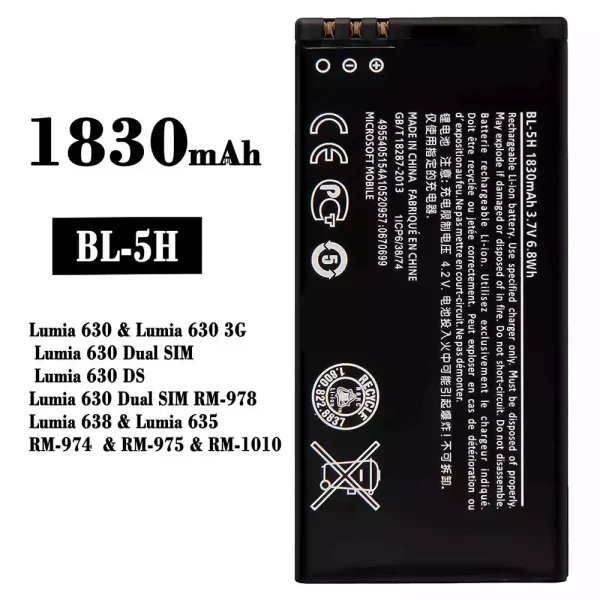 Nagelneuer Akku BL-5H für Nokia Lumia 630 / Lumia 638 / Lumia 635 / RM-974 / RM-975 / RM-1010